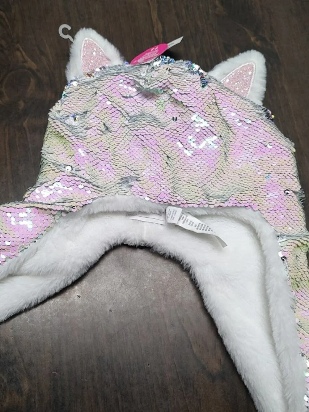 New  Children's Place Cat Reversible Sequin Pink Silver Attached Hat Scarf L/XL